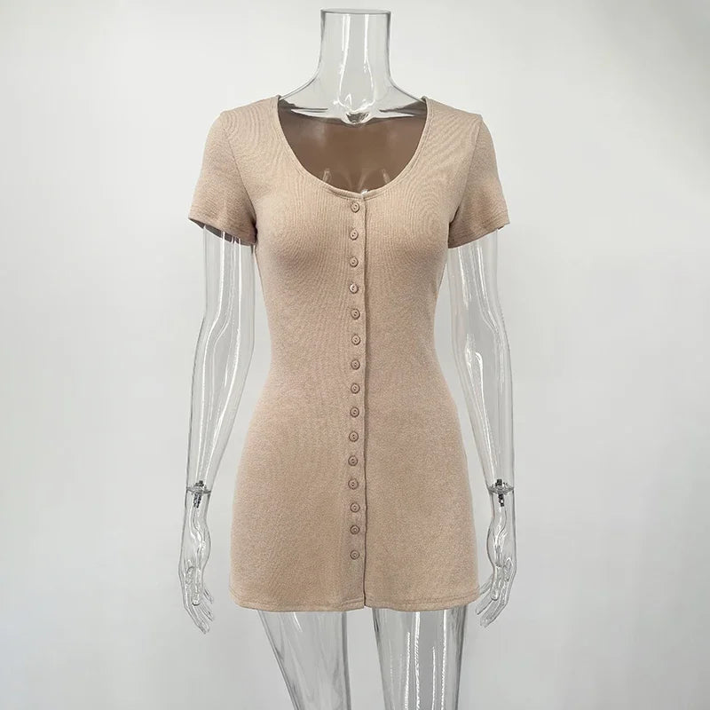 Knitted V-Neck Button Mini Dress