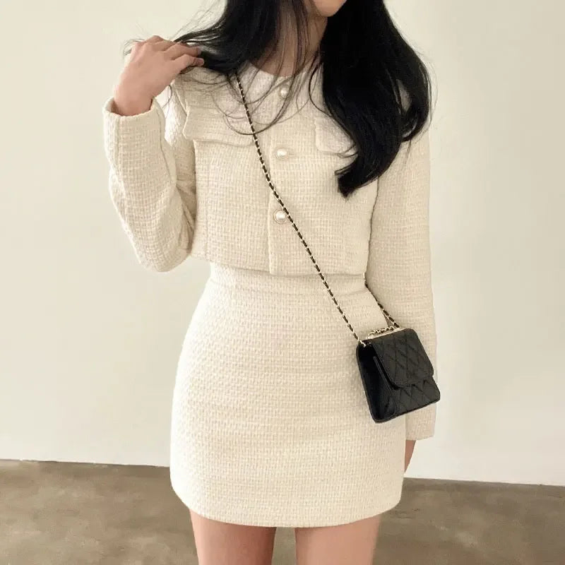 Two Piece Set Pearl Button Tweed Jacket & Mini Skirt