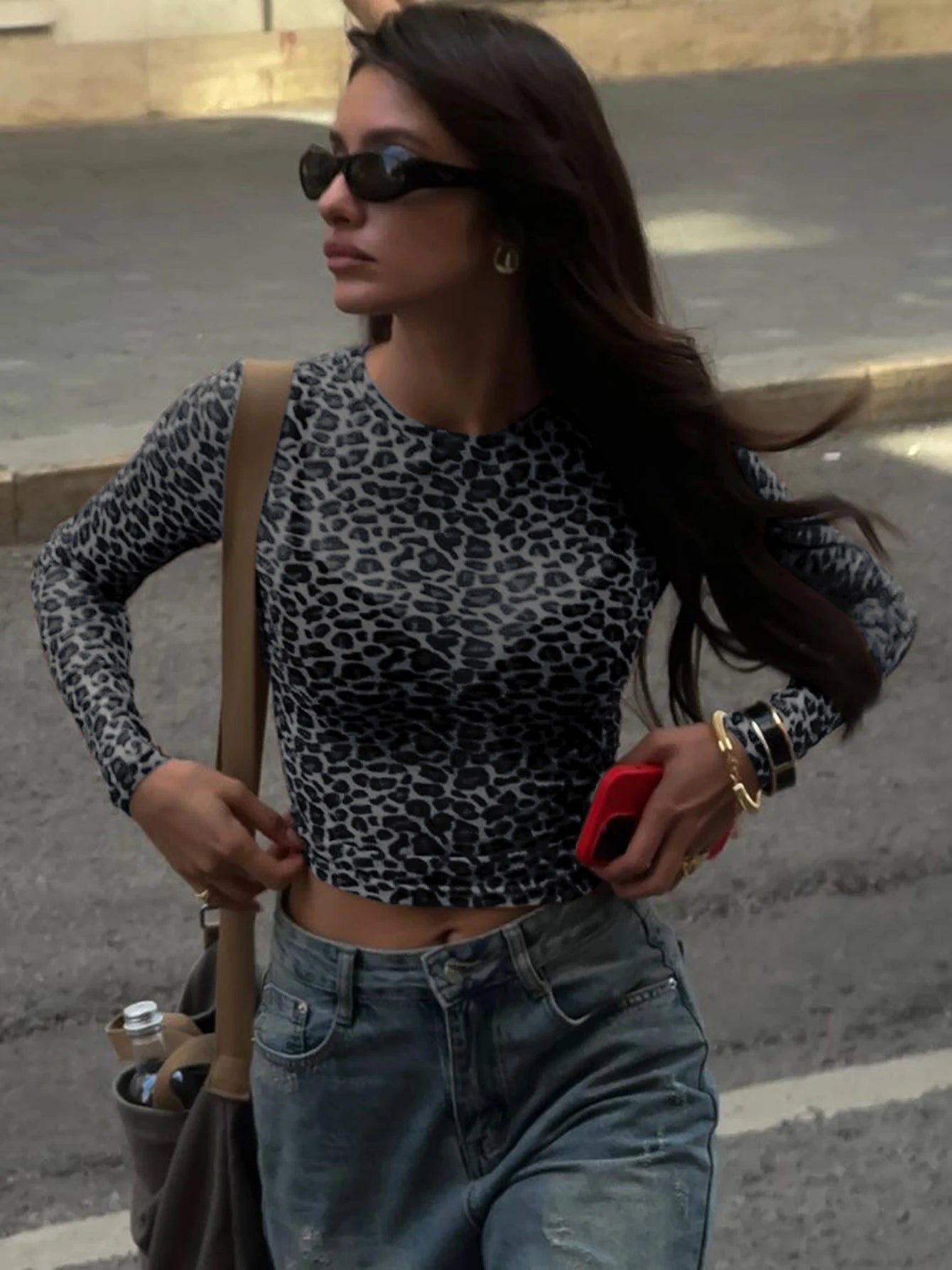Long Sleeve Leopard Mesh Top