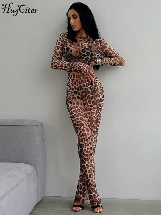 Leopard Long Sleeve Sexy Slim Maxi Dress