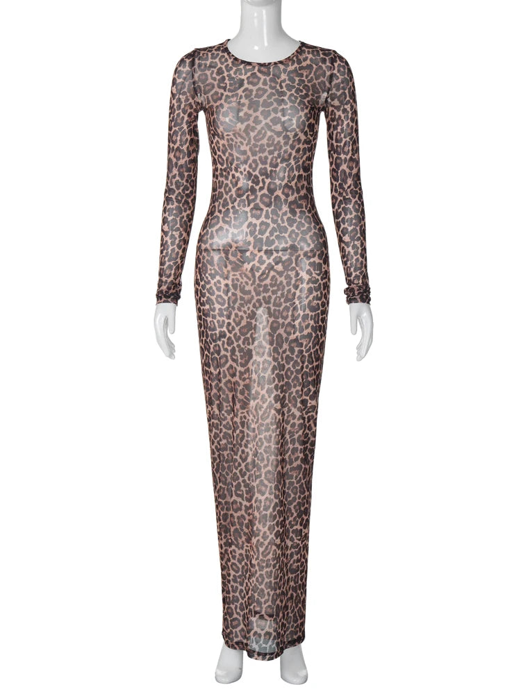 Leopard Long Sleeve Sexy Slim Maxi Dress