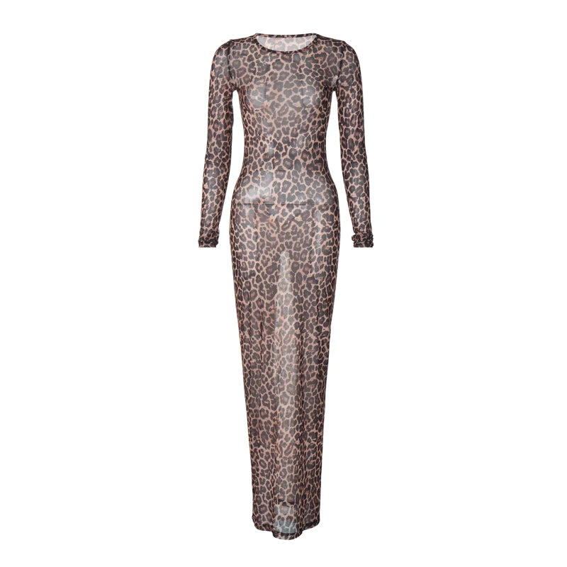Leopard Long Sleeve Sexy Slim Maxi Dress