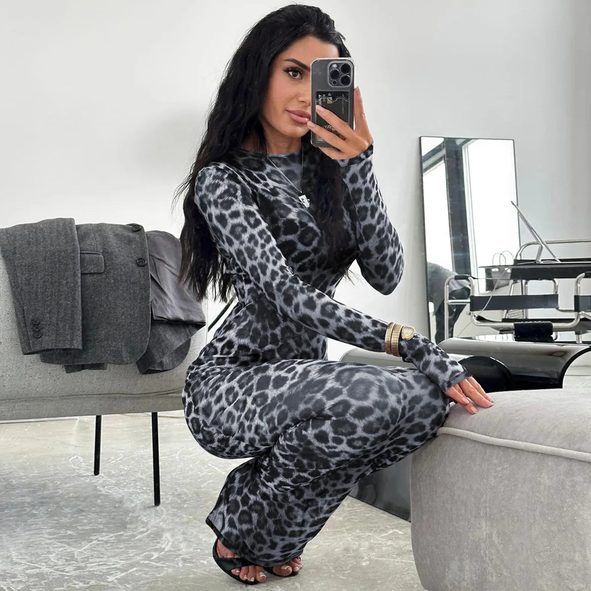 Leopard Long Sleeve Sexy Slim Maxi Dress