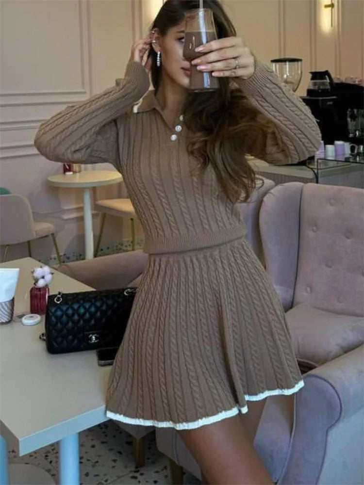 Two Piece Autumn Set – Long Sleeve Jacket-Style Pullover & Mini Skirt