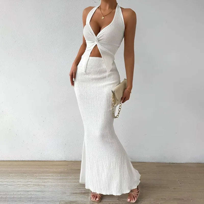 Elegant Twist-Front Crop & Midi Skirt