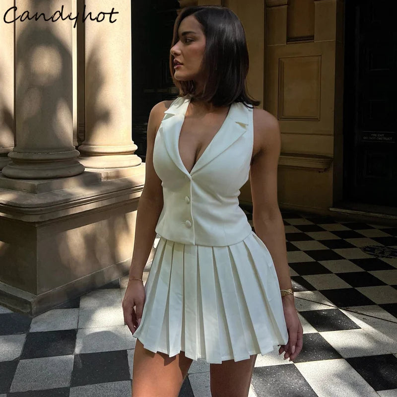 Two piece Set V-neck vest & Mini Pleated Skirt