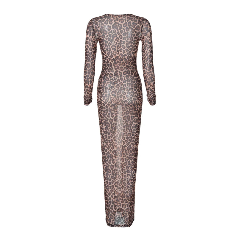 Leopard Long Sleeve Sexy Slim Maxi Dress