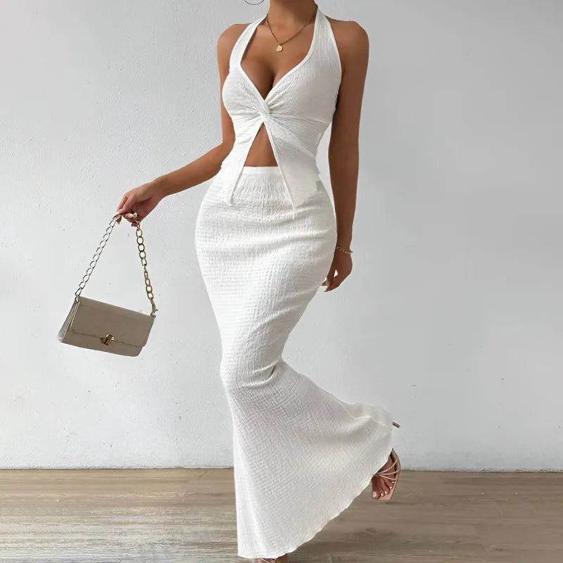 Elegant Twist-Front Crop & Midi Skirt