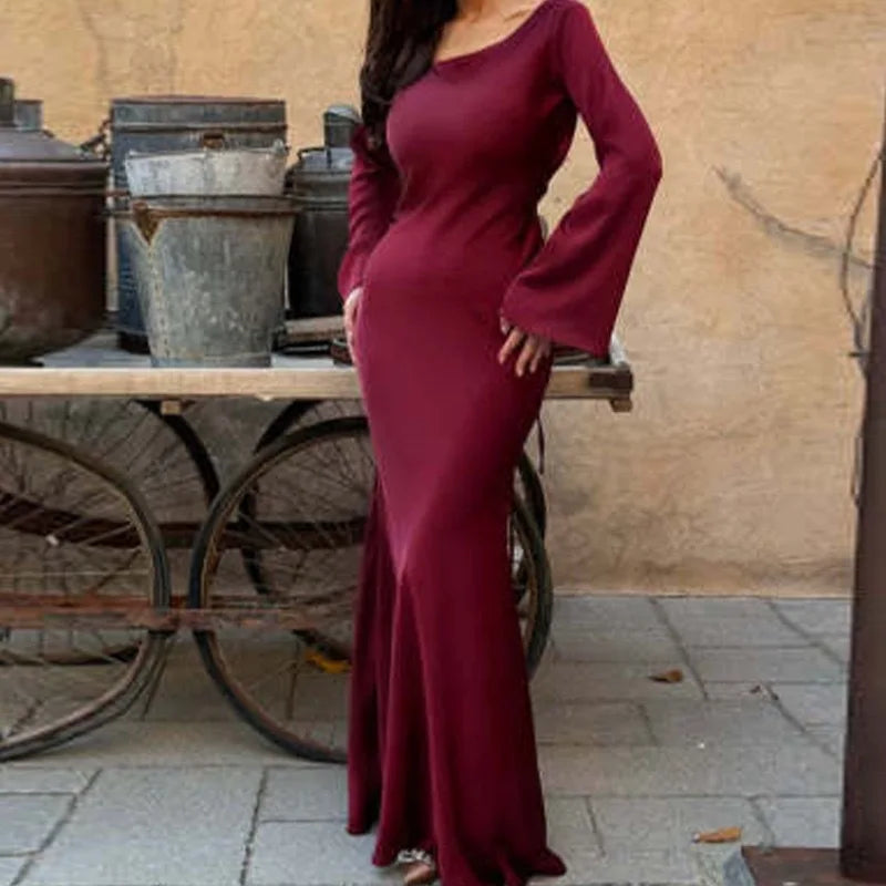 Elegant Lace Up Flare Sleeve Long Dress