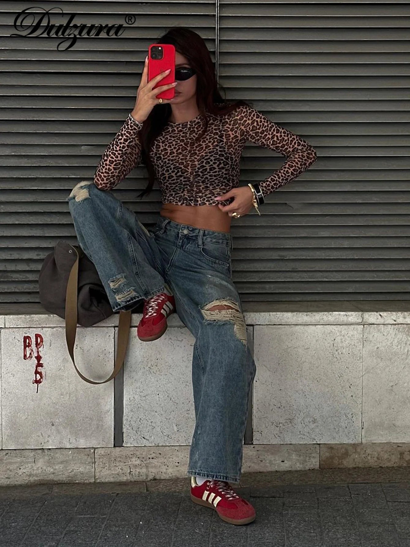 Long Sleeve Leopard Mesh Top