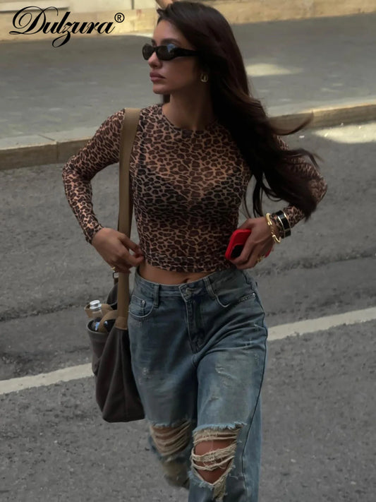 Long Sleeve Leopard Mesh Top
