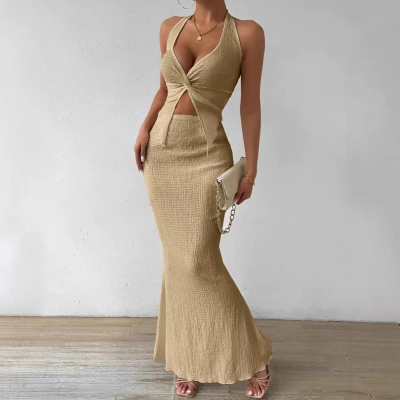 Elegant Twist-Front Crop & Midi Skirt