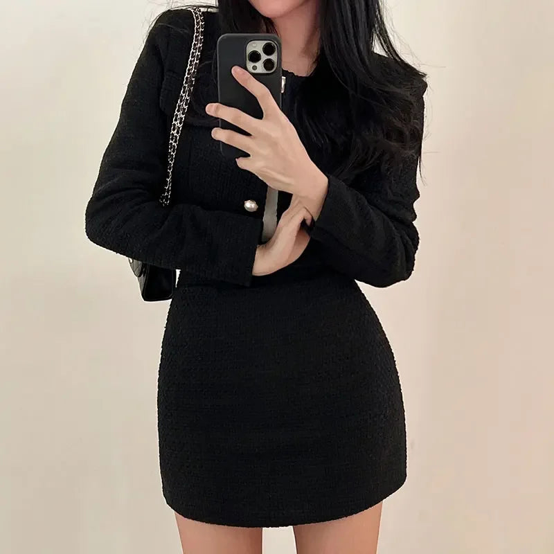 Two Piece Set Pearl Button Tweed Jacket & Mini Skirt
