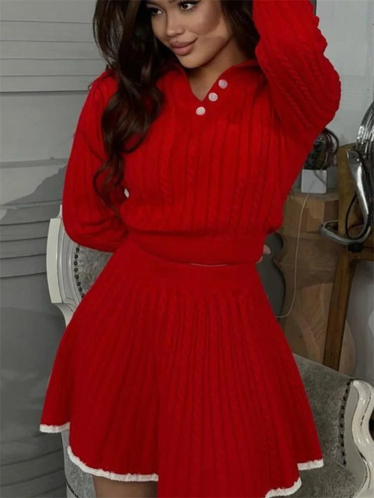 Two Piece Autumn Set – Long Sleeve Jacket-Style Pullover & Mini Skirt