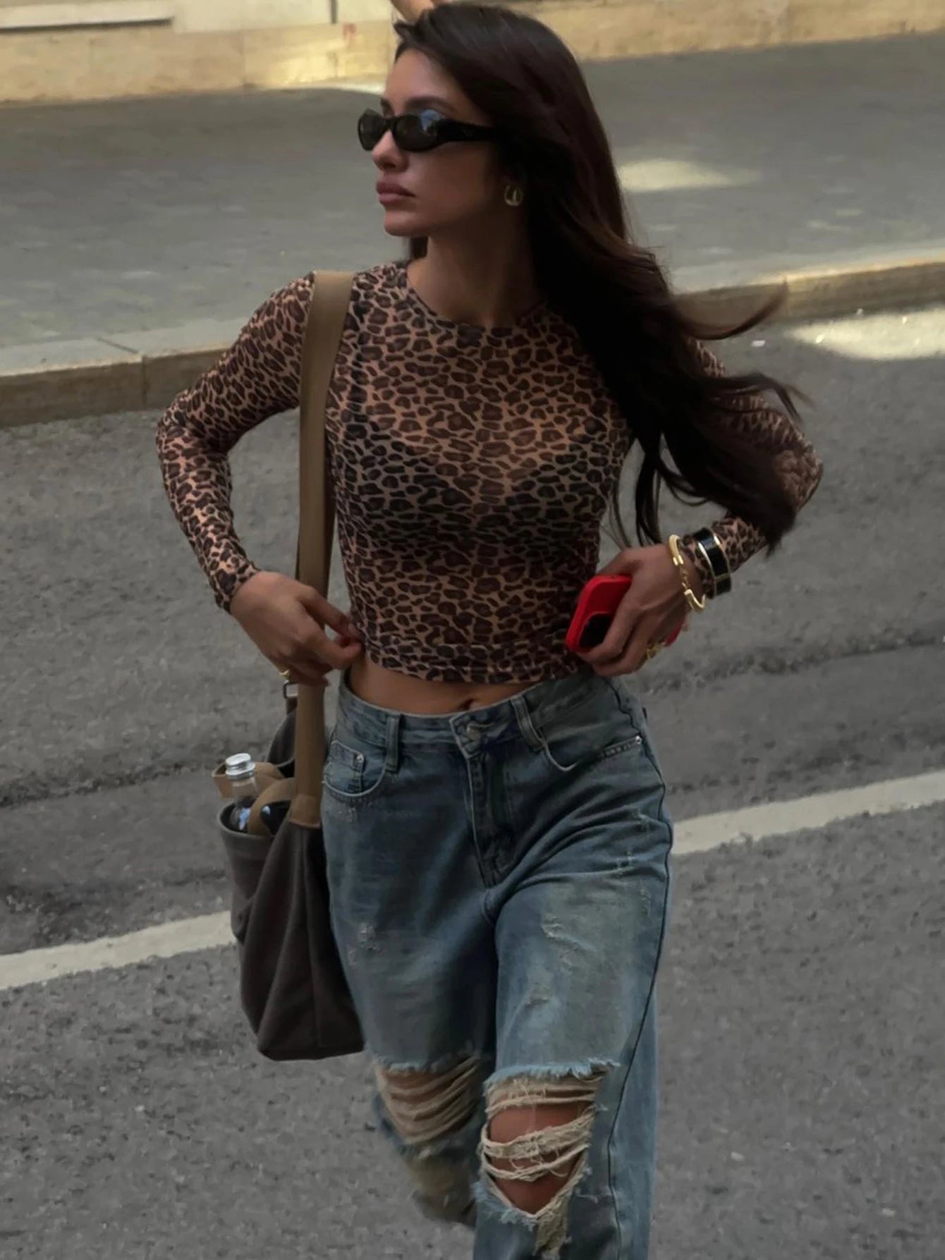 Long Sleeve Leopard Mesh Top