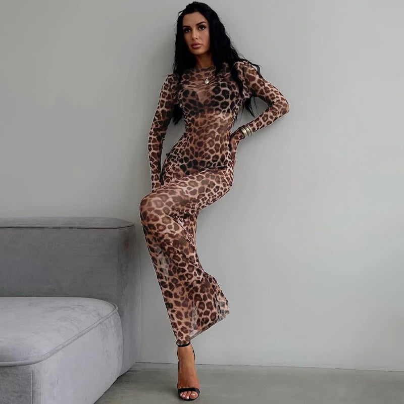 Leopard Long Sleeve Sexy Slim Maxi Dress