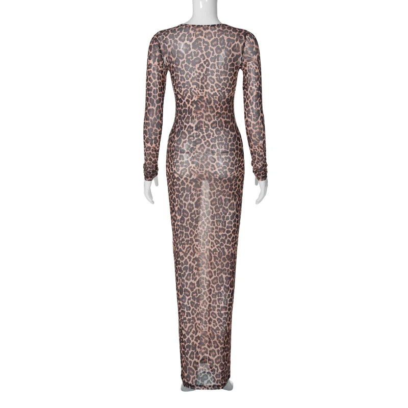 Leopard Long Sleeve Sexy Slim Maxi Dress