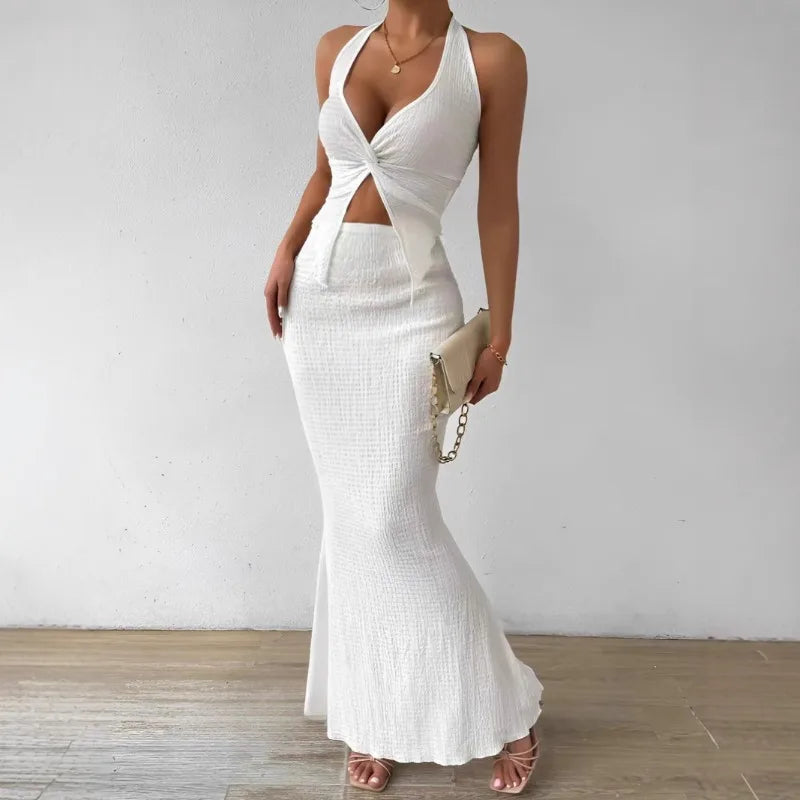 Elegant Twist-Front Crop & Midi Skirt