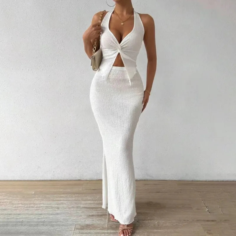 Elegant Twist-Front Crop & Midi Skirt