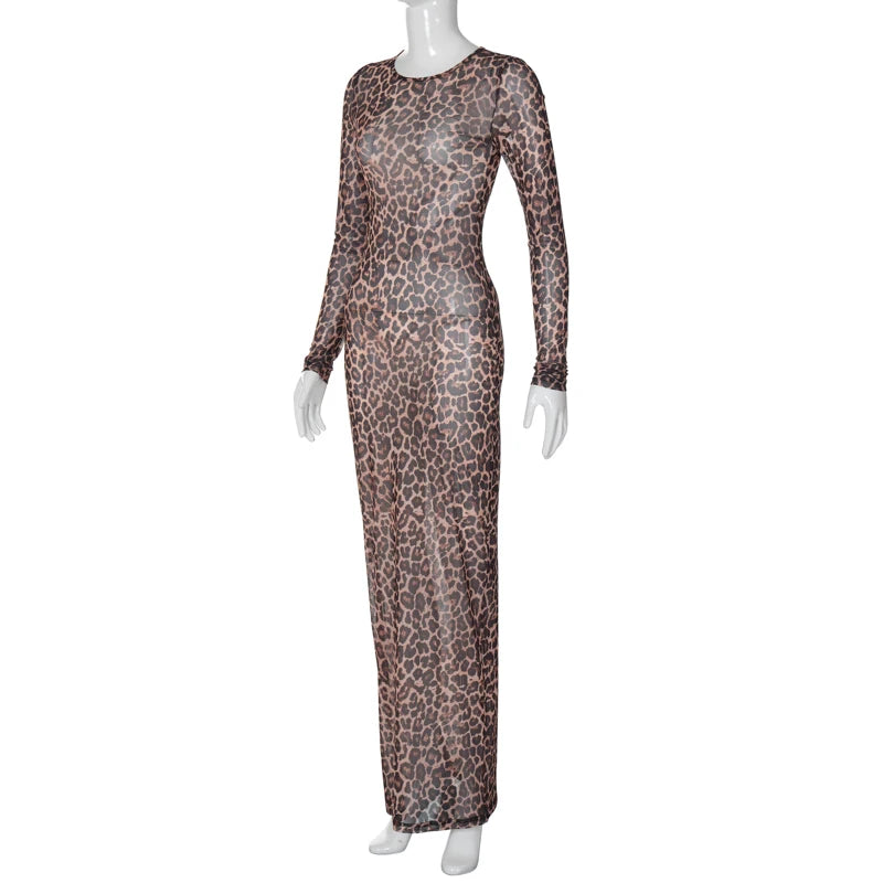 Leopard Long Sleeve Sexy Slim Maxi Dress