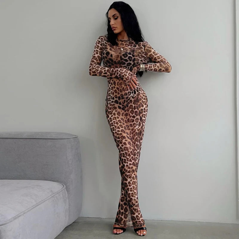 Leopard Long Sleeve Sexy Slim Maxi Dress