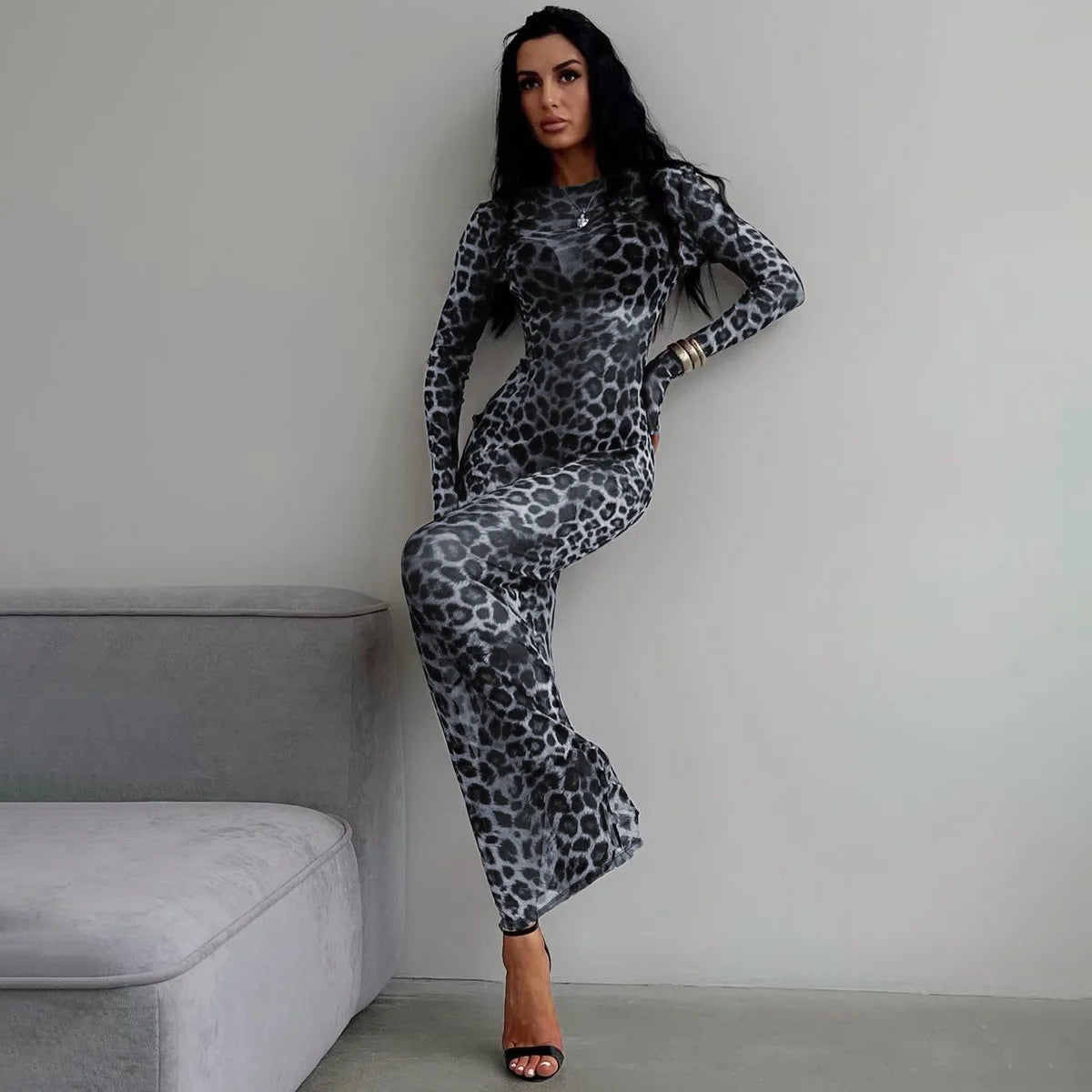 Leopard Long Sleeve Sexy Slim Maxi Dress