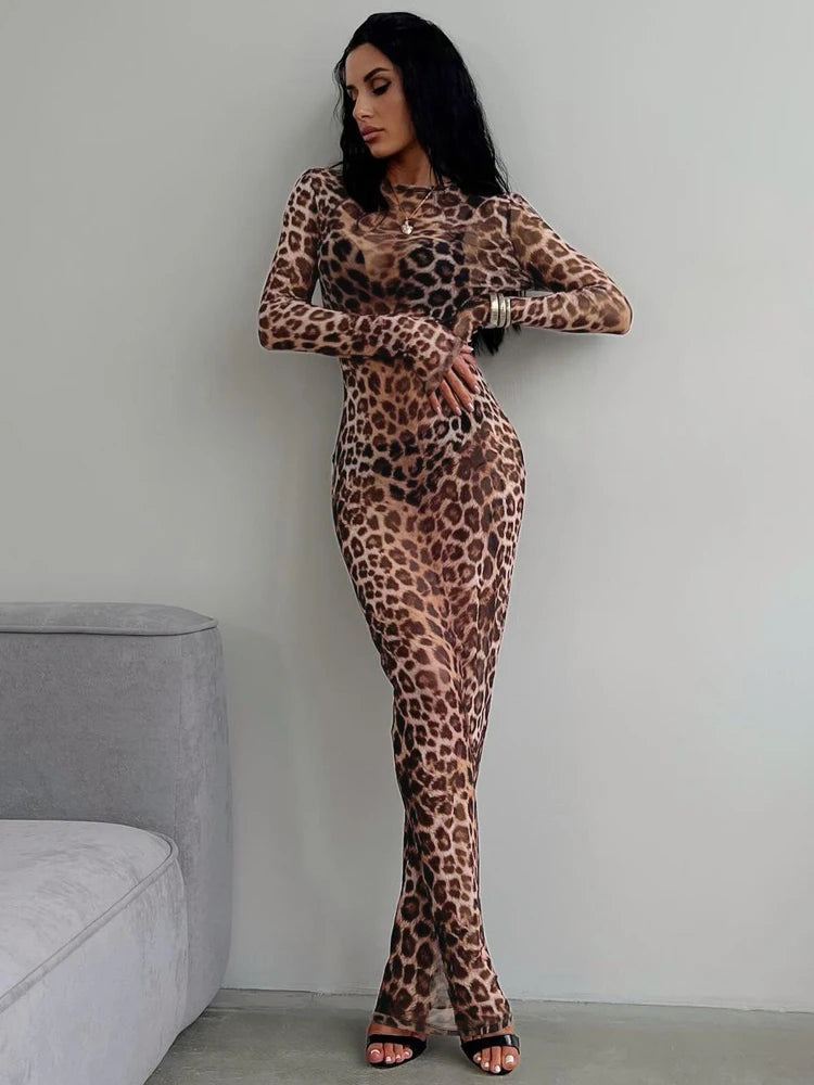Leopard Long Sleeve Sexy Slim Maxi Dress