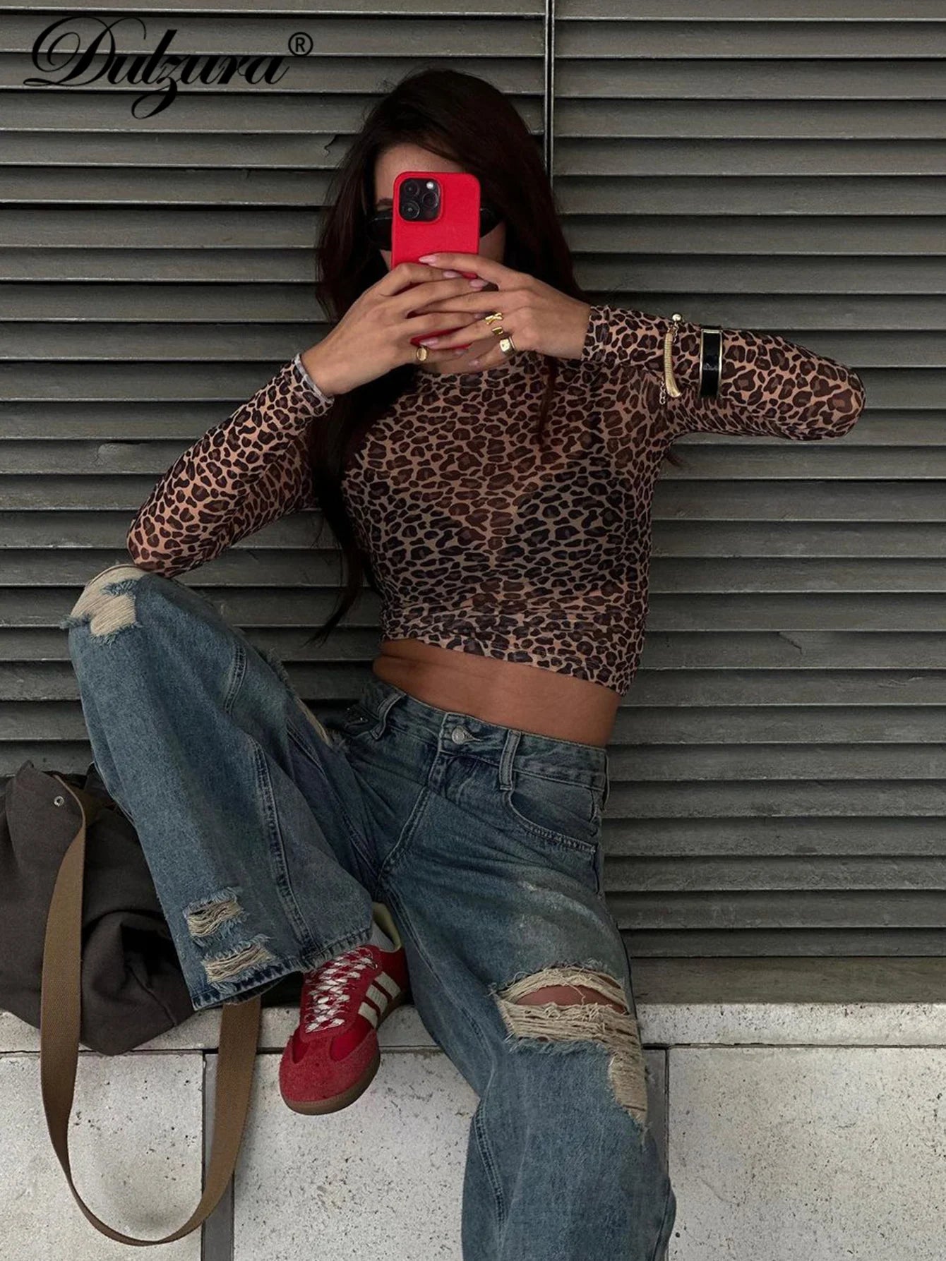 Long Sleeve Leopard Mesh Top
