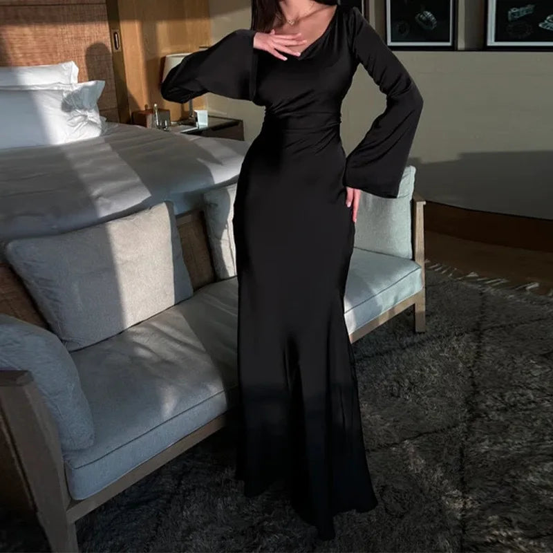 Elegant Lace Up Flare Sleeve Long Dress