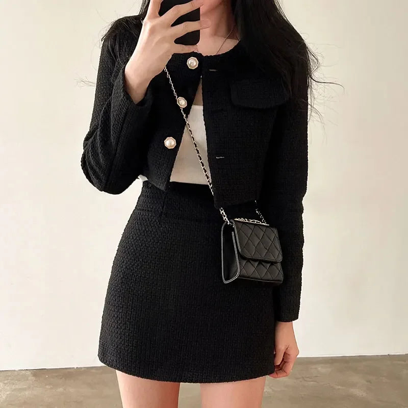 Two Piece Set Pearl Button Tweed Jacket & Mini Skirt