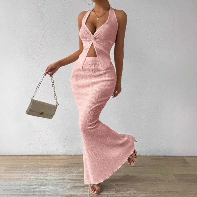 Elegant Twist-Front Crop & Midi Skirt