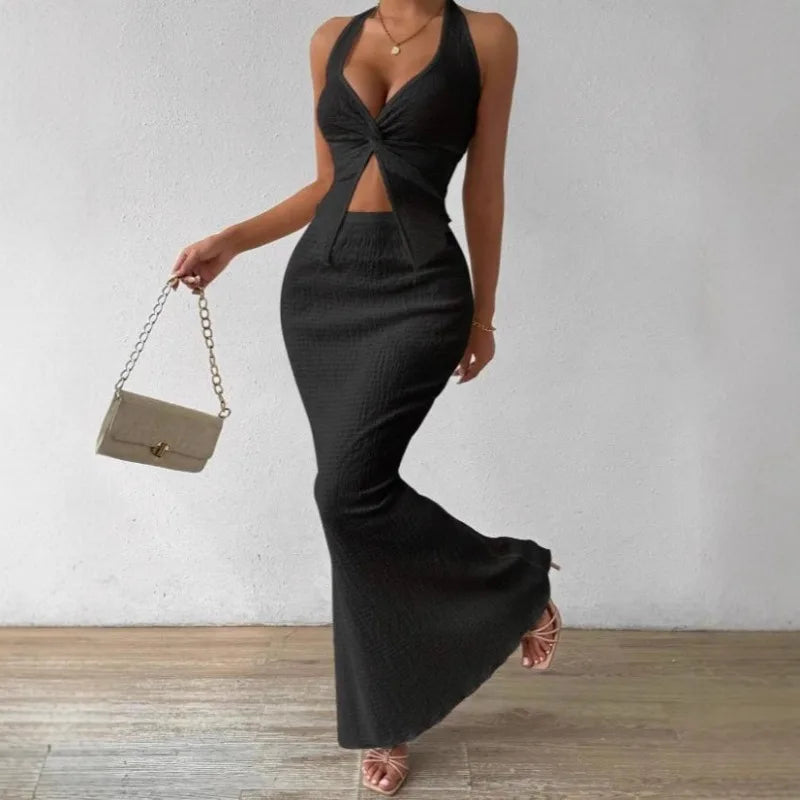 Elegant Twist-Front Crop & Midi Skirt
