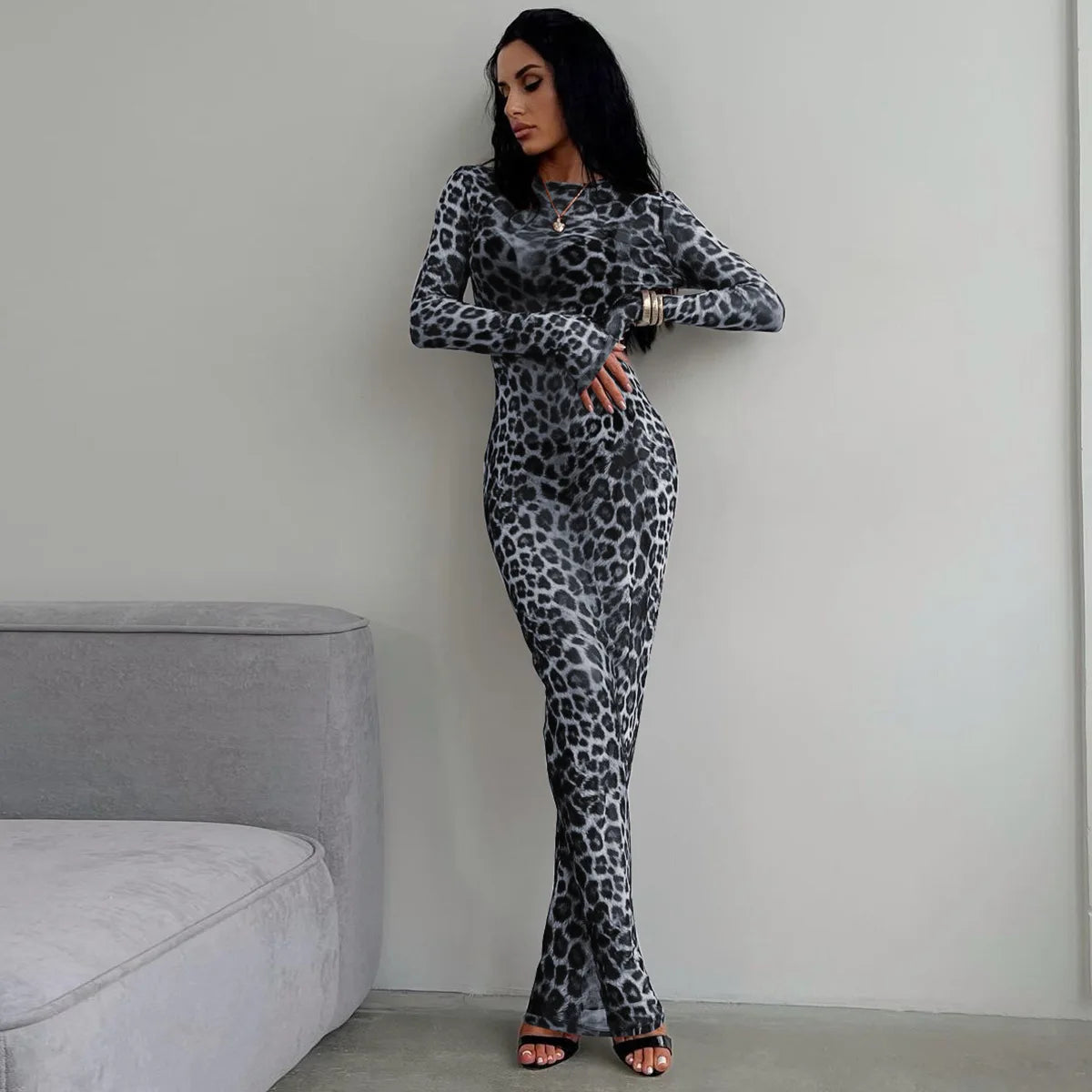 Leopard Long Sleeve Sexy Slim Maxi Dress