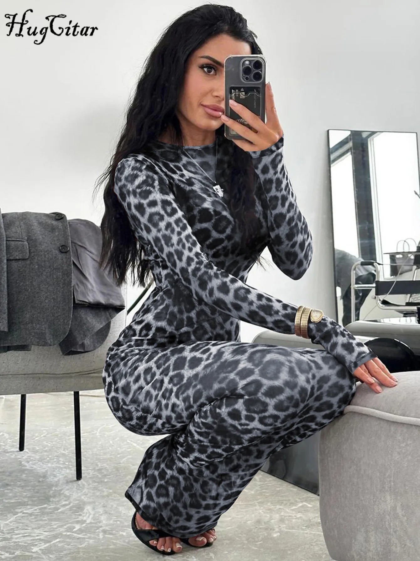 Leopard Long Sleeve Sexy Slim Maxi Dress