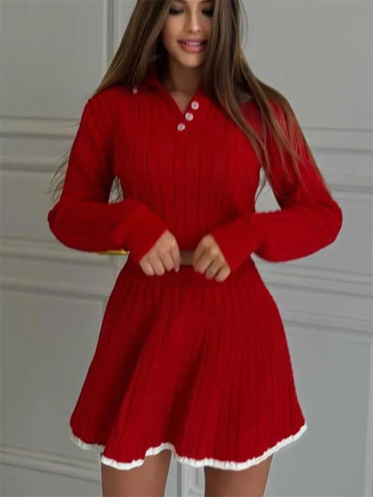 Two Piece Autumn Set – Long Sleeve Jacket-Style Pullover & Mini Skirt