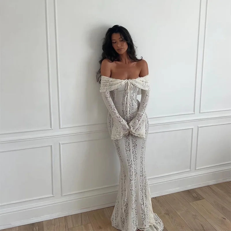 Off-Shoulder Lace-Up Mermaid Dress