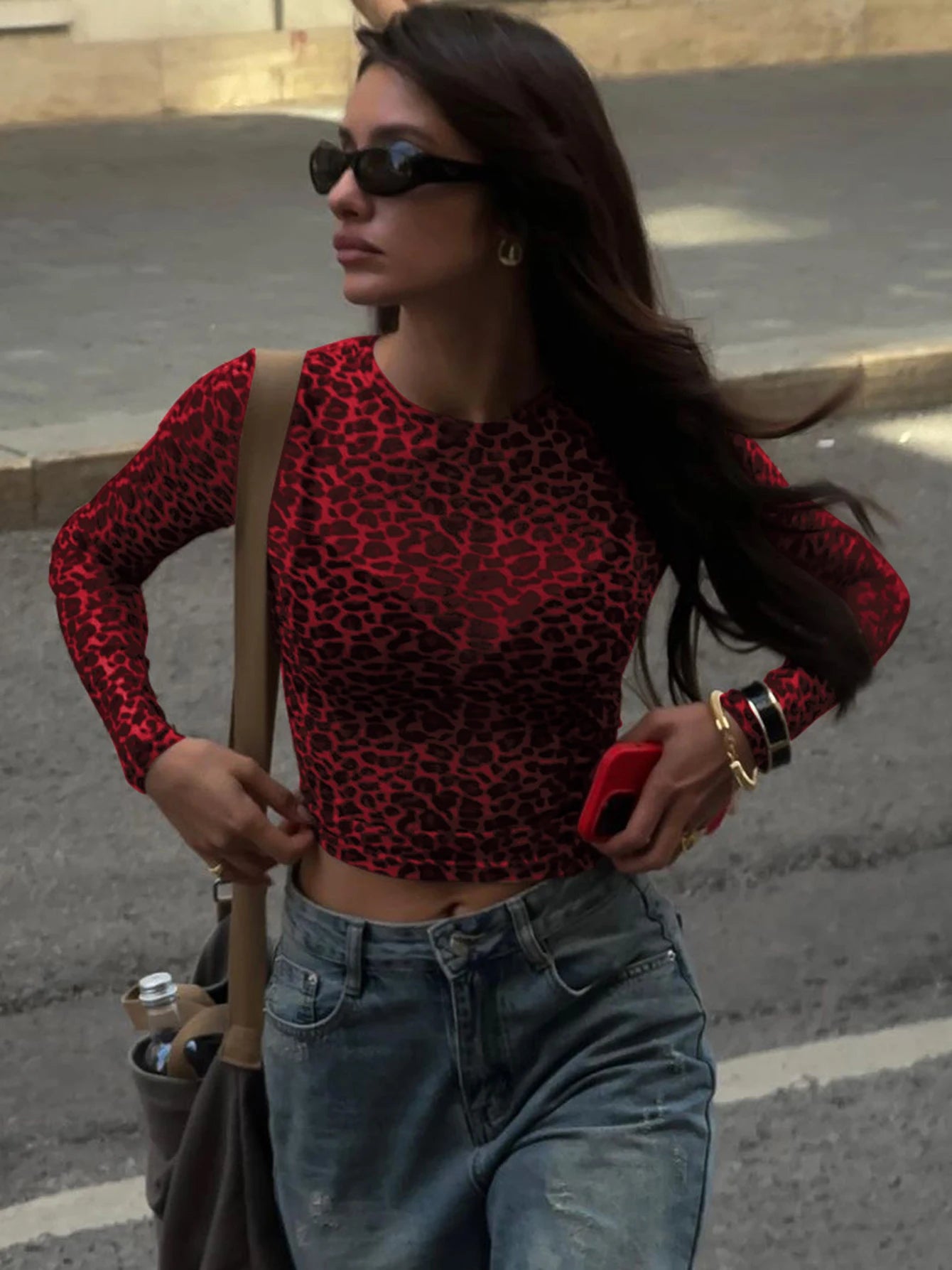 Long Sleeve Leopard Mesh Top