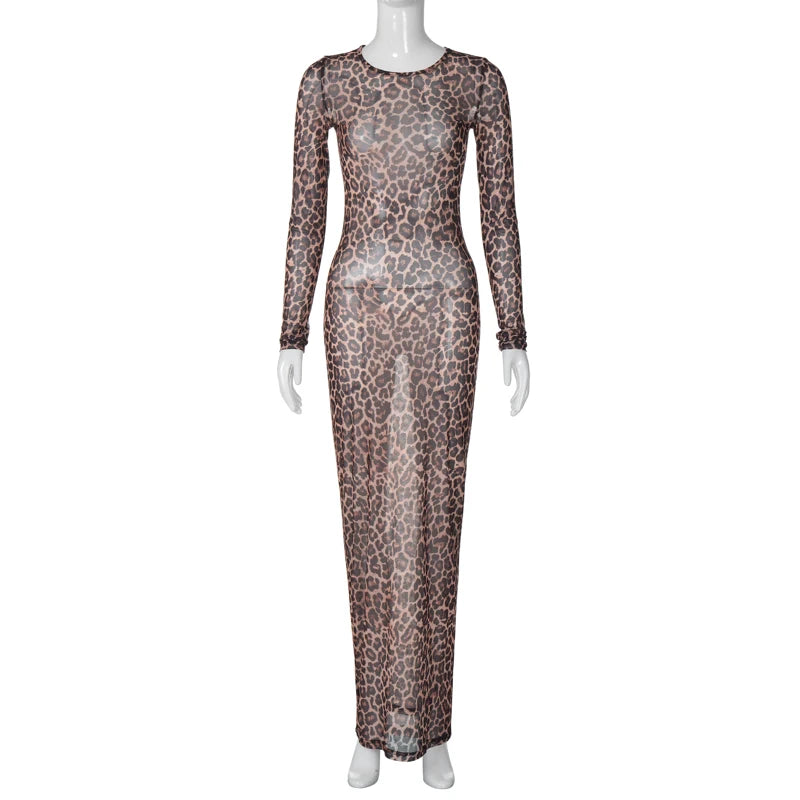 Leopard Long Sleeve Sexy Slim Maxi Dress