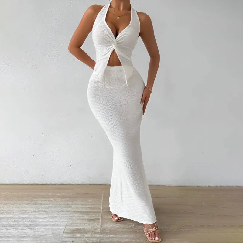 Elegant Twist-Front Crop & Midi Skirt